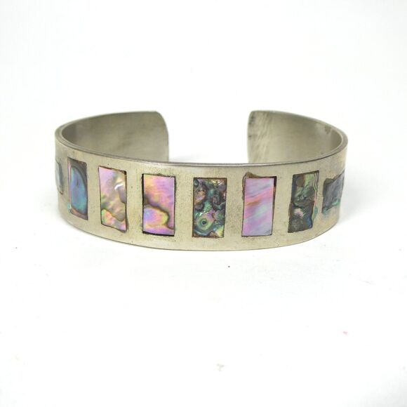 Jewelry - Cuff Bracelet Abalone Mother of Pearl Inlay Vintage Mexico Silver
